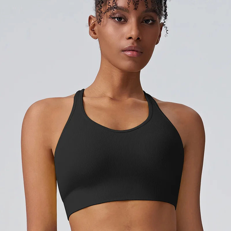 Fashion Sports Underwear Women Fixed Cup Shockproof Gathering Sexy Cross Back Yoga Undershirt Women Tops