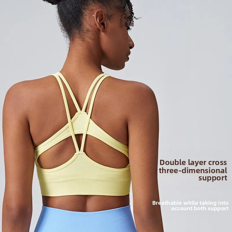 Fashion Sports Underwear Women Fixed Cup Shockproof Gathering Sexy Cross Back Yoga Undershirt Women Tops