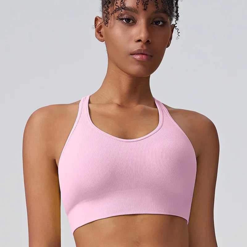 Fashion Sports Underwear Women Fixed Cup Shockproof Gathering Sexy Cross Back Yoga Undershirt Women Tops